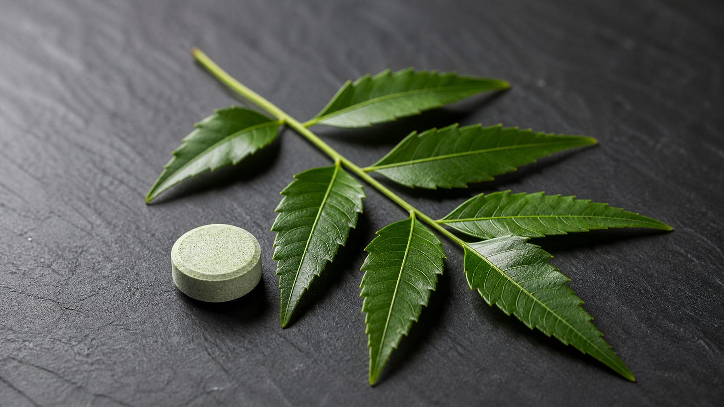 Image of a fluoride-free neem toothpaste tablet, next to real neem leaves, on a dark wooden table.