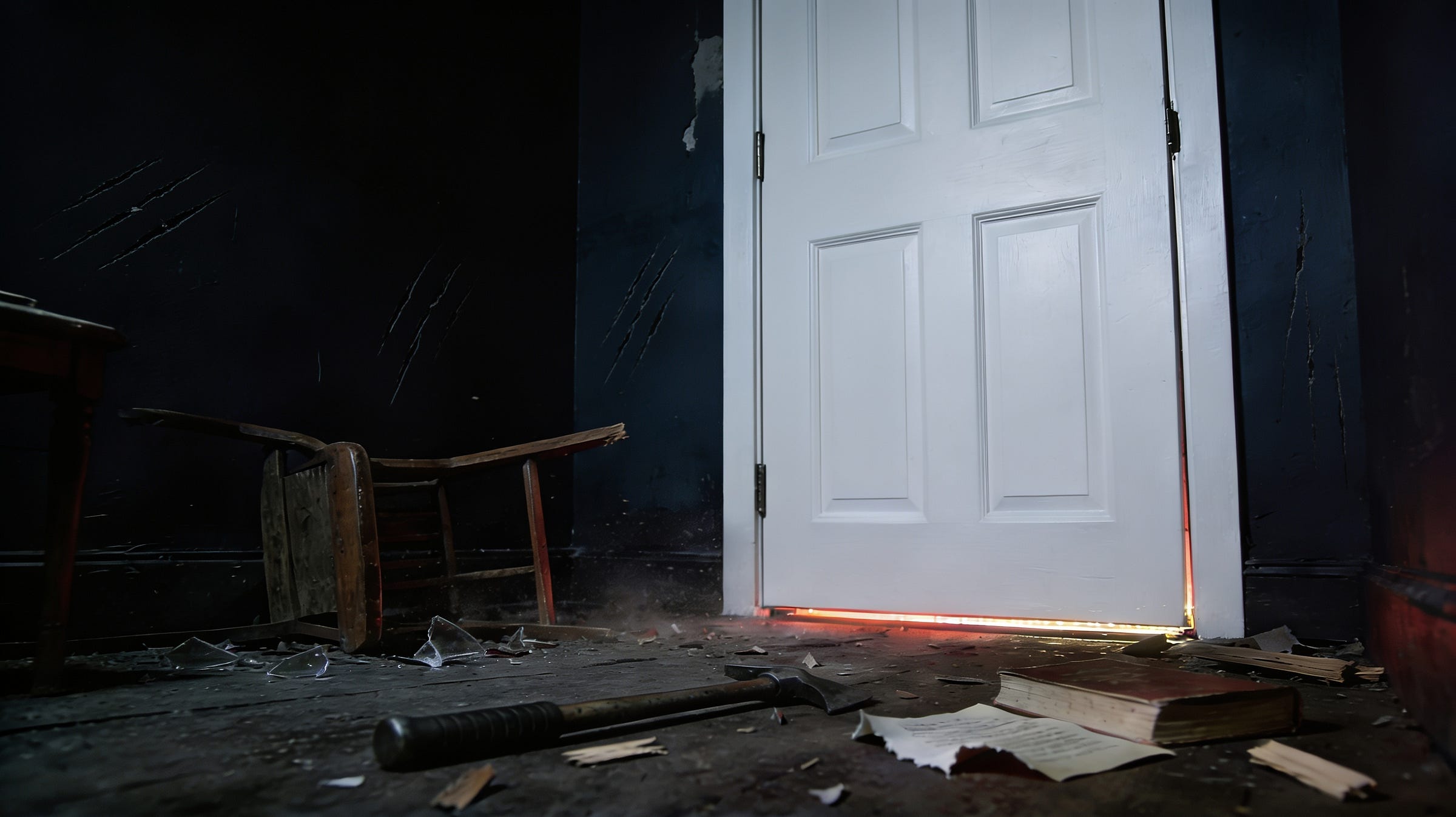 A dark hallway seen from the floor. Broken furniture, glass, a hammer and a torn page lie in front of a clean white door. The door is shut and red and gold light shows under it. There are claw marks on the walls. A dark hallway seen from the floor. Broken furniture, glass, a hammer and a torn page lie in front of a clean white door. The door is shut and red and gold light shows under it. There are claw marks on the walls.