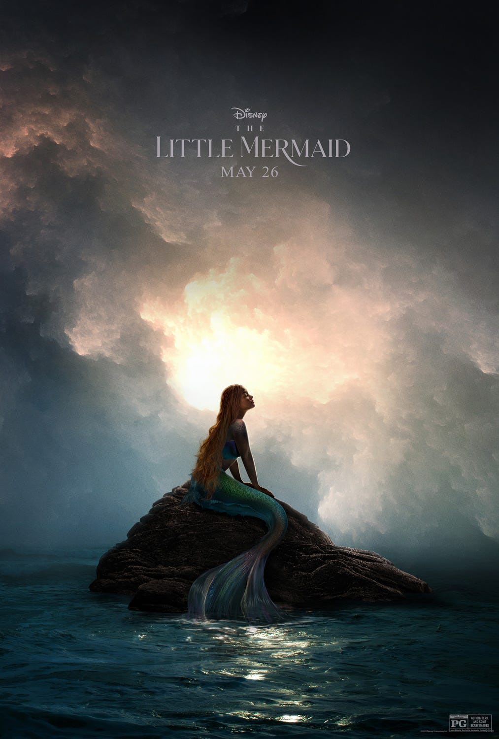 Little Mermaid poster that recreates the iconic shot of Ariel on the rock from the original. Halle Bailey would look adorable if all the color hadn’t been leeched from the scene, making it murky and depressing, the type of image where you want to turn the brightness up on your phone and rub at the screen with the corner of your sleeve