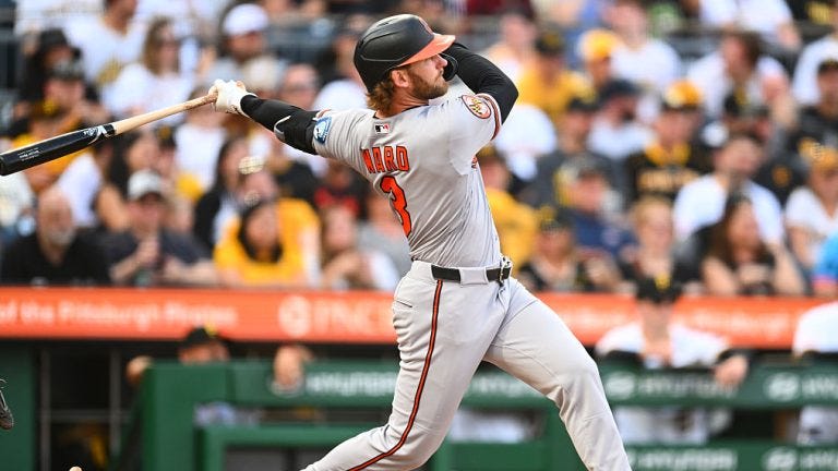 PITTSBURGH, PA - APRIL 03: Taylor Ward #3 of the Baltimore Orioles hits a one-run double in the seventh inning during the game between the Baltimore Orioles and the Pittsburgh Pirates at PNC Park on Friday, April 3, 2026 in Pittsburgh, Pennsylvania. (Photo by Joe Sargent/MLB Photos via Getty Images) PITTSBURGH, PA - APRIL 03: Taylor Ward #3 of the Baltimore Orioles hits a one-run double in the seventh inning during the game between the Baltimore Orioles and the Pittsburgh Pirates at PNC Park on Friday, April 3, 2026 in Pittsburgh, Pennsylvania. (Photo by Joe Sargent/MLB Photos via Getty Images)