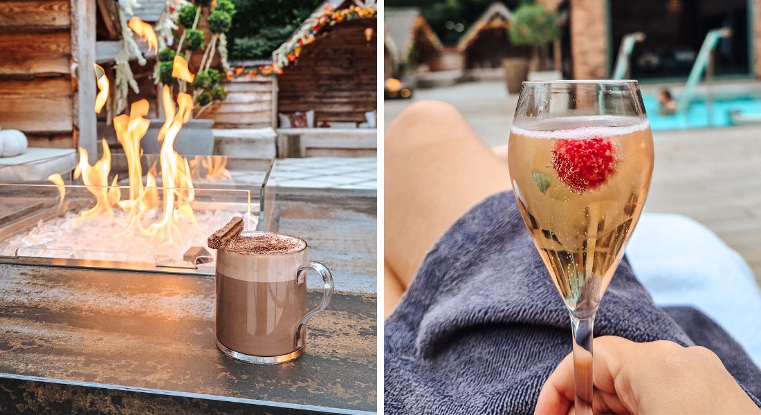 Two pictures - one of a hot chocolate by the fire and one of a glass of prosecco being held by a pool