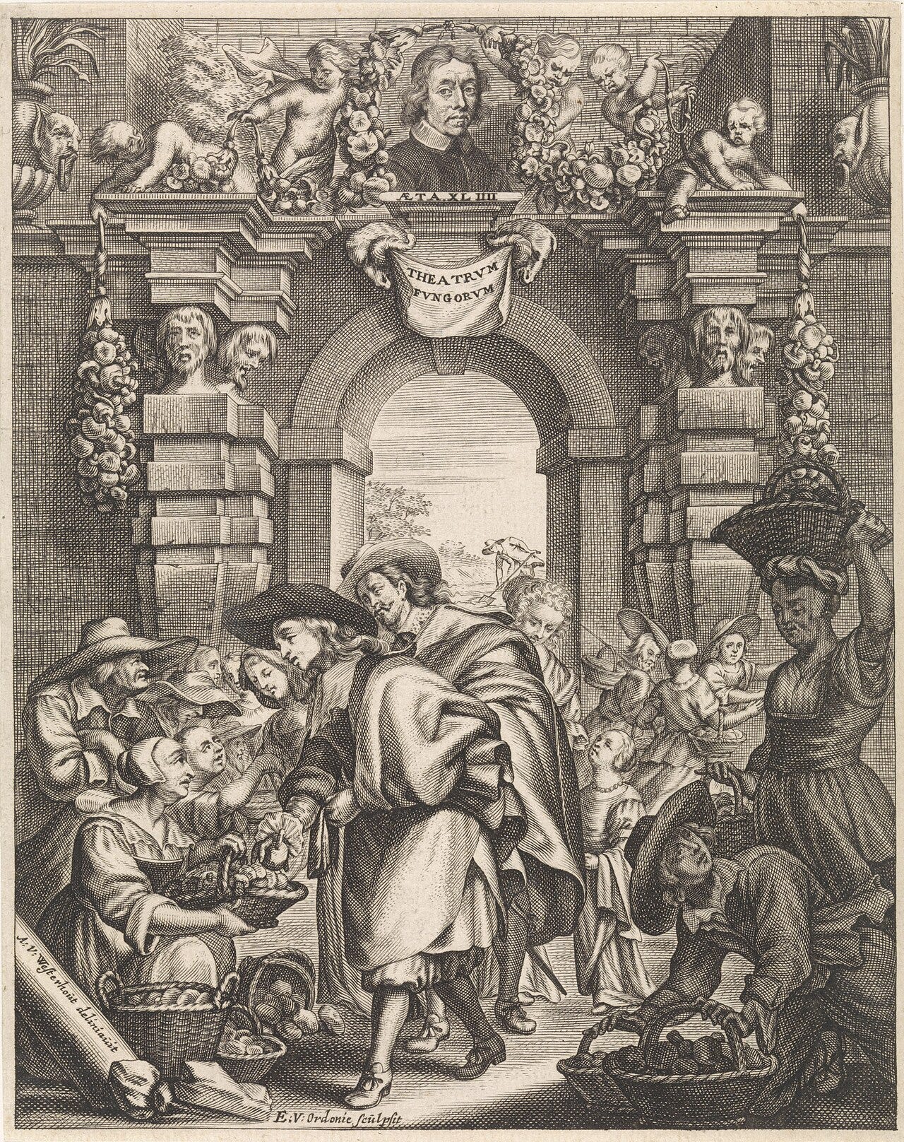 Engraved scene of men buying mushrooms at a market Engraved scene of men buying mushrooms at a market