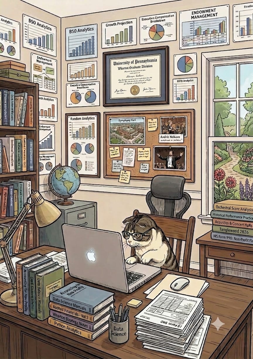An editorial-style cartoon depicting a cat with folded ears wearing black-rimmed glasses, sitting at a wooden desk and typing on a silver laptop. The desk is cluttered with stacks of papers labeled 'Form 990', books on accounting and data science, and a mug labeled 'Data Science'. Behind the cat, the walls are covered in charts and graphs, with a large, framed diploma centered on the back wall reading 'University of Pennsylvania Wharton Graduate Division'. A large window on the right side of the frame shows a lush garden, and a bulletin board to the left of the window features photographs and notes related to symphony hall and Andris Nelsons.