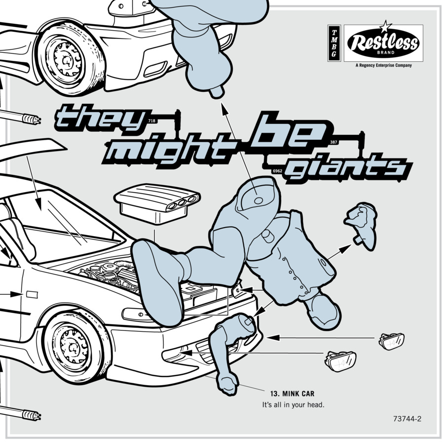 Front album cover of Mink Car by They Might Be Giants featuring a minimalist, gray-toned exploded diagram illustration of a car with detached mannequin-like limbs and mechanical parts floating around it, with the band’s logo centered across the design.