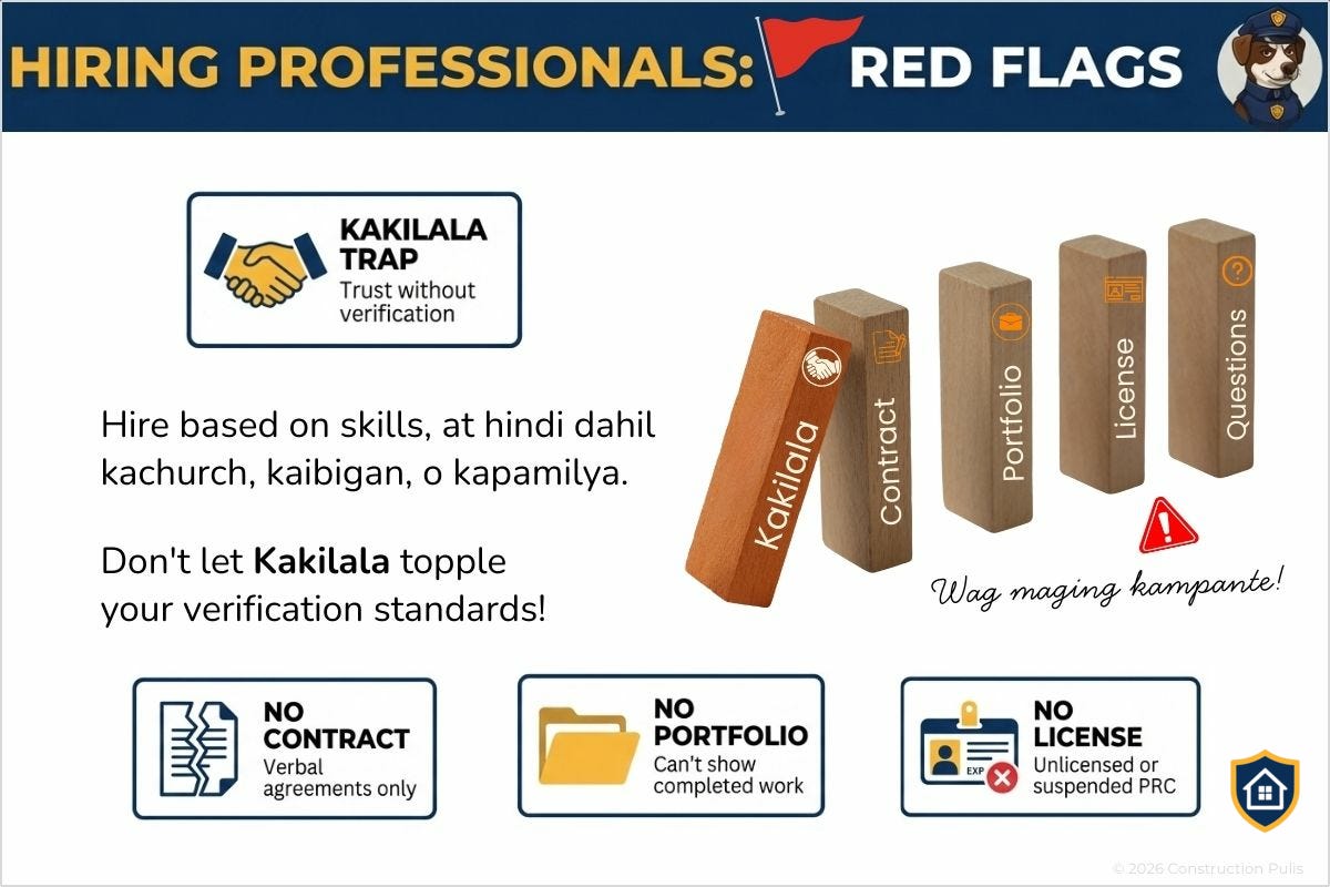 Inspector Milo warning against the Kakilala trap. Domino effect showing how hiring based on relationships (kakilala) causes verification standards to fall: Contract, Portfolio, License, and Questions all topple when trust replaces due diligence. Text reads "Don't let Kakilala topple your verification standards!" Inspector Milo warning against the Kakilala trap. Domino effect showing how hiring based on relationships (kakilala) causes verification standards to fall: Contract, Portfolio, License, and Questions all topple when trust replaces due diligence. Text reads "Don't let Kakilala topple your verification standards!"