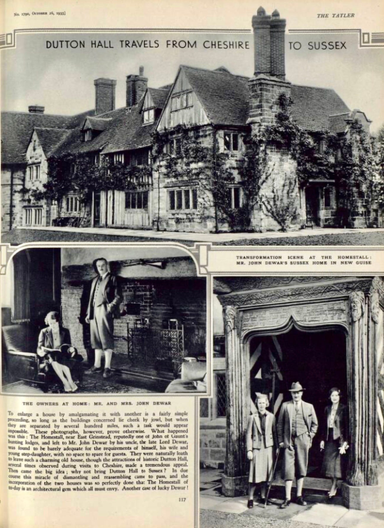 A page from The Tatler Magazine, October 1935, with an article “Dutton Hall Travels from Cheshire to Sussex” 