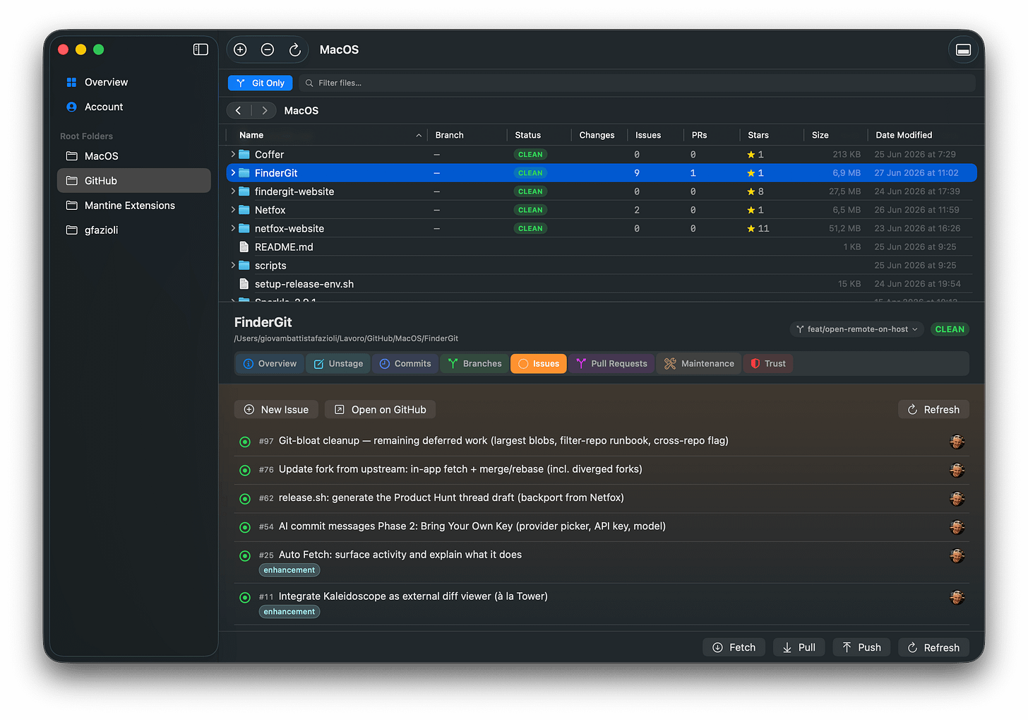 Issues tab — New Issue, Open on GitHub, Refresh