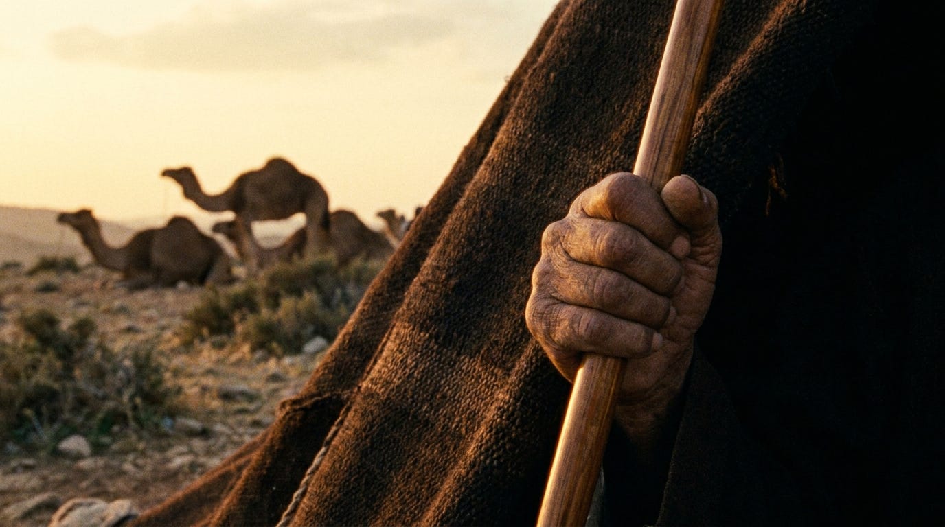 An old man's weathered hand resting on a wooden staff at the entrance of a goat-hair tent at dusk, ten camels kneeling in the distance, no faces, no text