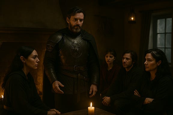 Fleetwood stands before the party in the common room of the Blue Water Inn, addressing them in the pre-dawn light. He wears the armor of the Order of the Silver Dragon, the firelight behind him casting long shadows across the wooden floor. His expression is solemn but resolute. Around him, the party sits in a weary circle—Clarion, Silverleaf, Felonious, Ezmerelda, Greegan, Arabelle, and Ireena—each lit by flickering lanterns and the pale glow of the misty window. The mood is tense but determined, as Fleetwood speaks of the beacon and the vow to relight it. The room is rustic, warm, and heavy with silence. Fleetwood stands before the party in the common room of the Blue Water Inn, addressing them in the pre-dawn light. He wears the armor of the Order of the Silver Dragon, the firelight behind him casting long shadows across the wooden floor. His expression is solemn but resolute. Around him, the party sits in a weary circle—Clarion, Silverleaf, Felonious, Ezmerelda, Greegan, Arabelle, and Ireena—each lit by flickering lanterns and the pale glow of the misty window. The mood is tense but determined, as Fleetwood speaks of the beacon and the vow to relight it. The room is rustic, warm, and heavy with silence.