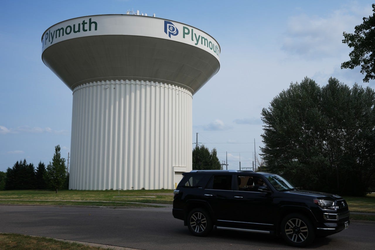 A water tower in Plymouth, Minn., targeted in a cyberattack.