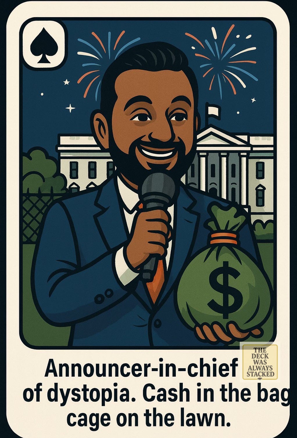 Cartoon card of Patel with mic, cage in background, bag of cash in hand.