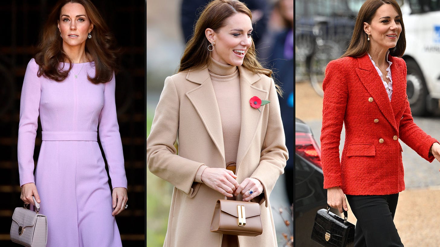 Kate Middleton carrying her Aspinal of London handbag and her DeMellier purse