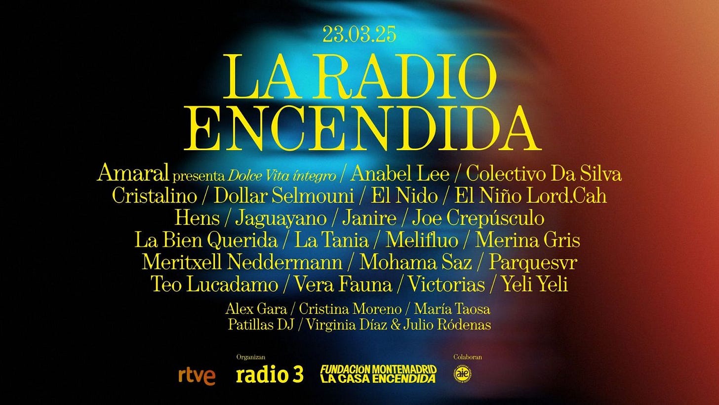 Cartel del festival musical "La Radio Encendida 2025", el 23 de marzo de 2025.  Artistas como Amaral, La Bien Querida y otros muchos.