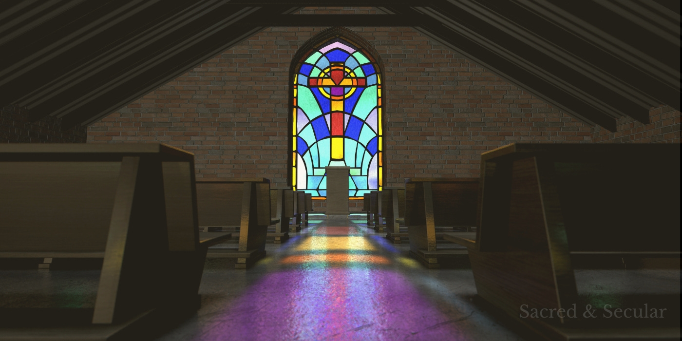 Coloured light from a stained glass window reflected across the floor of a quiet church interior.