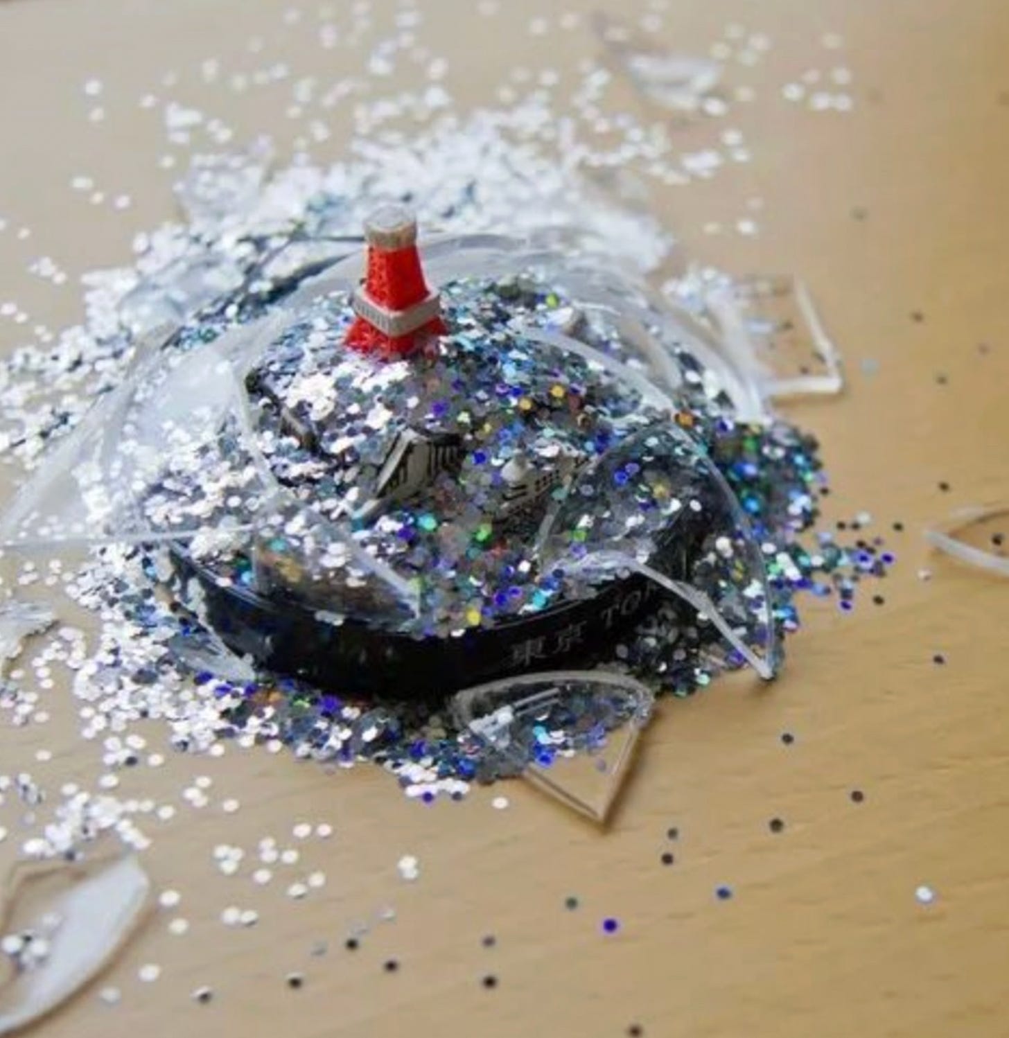 A broken holiday snow globe with shards of glass and colorful glitter