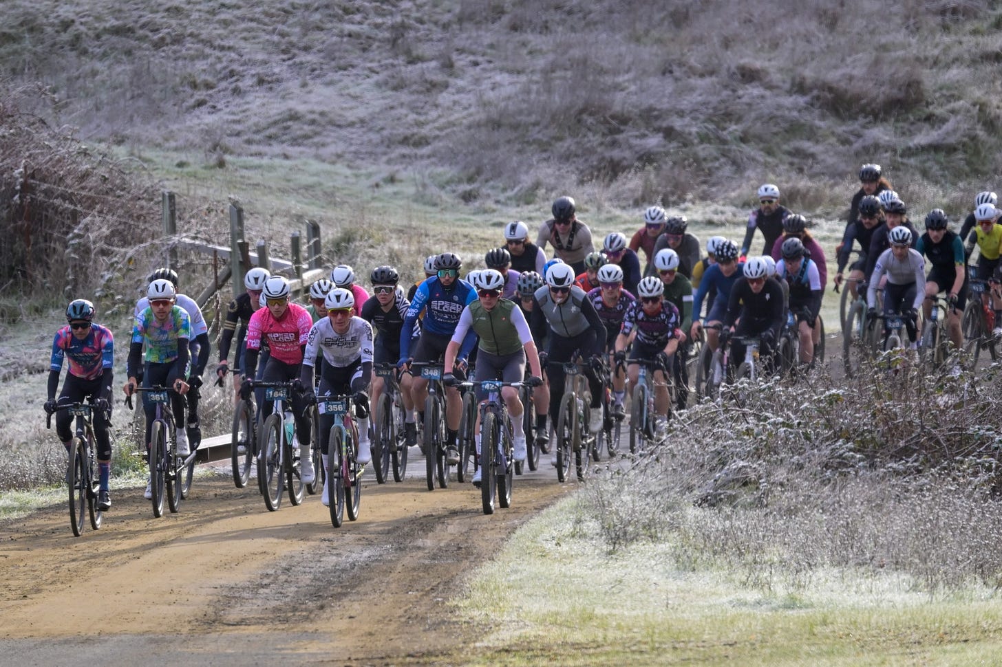 Peter Stetina (far left) rides near the front of the peloton early on 2026 Low Gap Grasshopper Peter Stetina (far left) rides near the front of the peloton early on 2026 Low Gap Grasshopper
