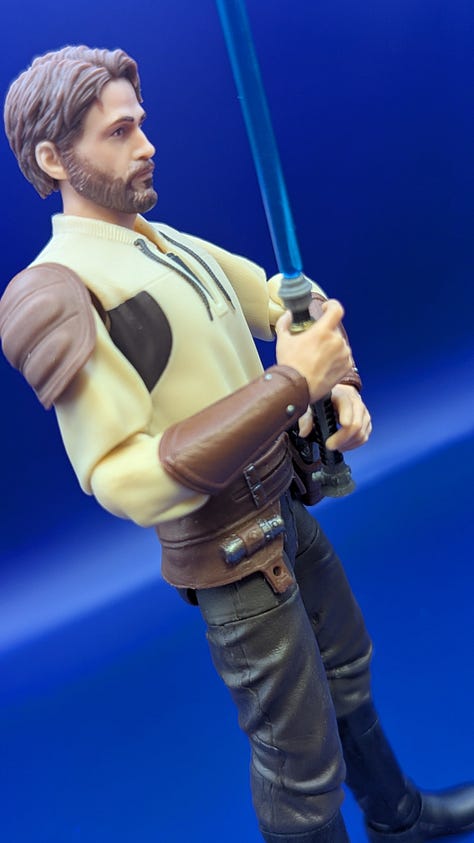 Three images of Star Wars: The Black Series Kyle Katarn. Left picture: facing left, hand on his pistol. Center photo: neutral phose, with hands on his side. Right picture: facing right, holding his lightsaber.