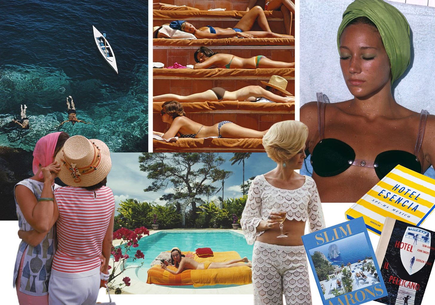 Collage of Slim Aarons photos featuring glamorous scenes: Capri (1958, 1974, 1968), California (1970), Barbados (1976), and Florida (1961) with fashionable figures including Marisa Berenson, Helen Dzo Dzo, Pauline Haywood, Florence Pritchett Smith, and Lilly Pulitzer Collage of Slim Aarons photos featuring glamorous scenes: Capri (1958, 1974, 1968), California (1970), Barbados (1976), and Florida (1961) with fashionable figures including Marisa Berenson, Helen Dzo Dzo, Pauline Haywood, Florence Pritchett Smith, and Lilly Pulitzer