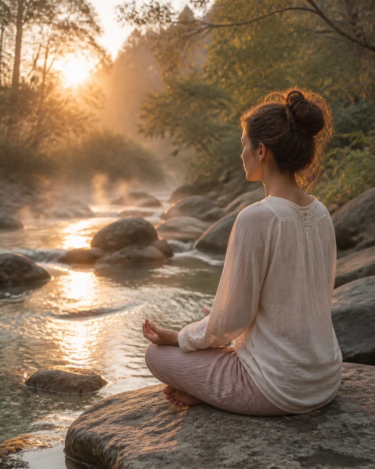 A person sitting in meditation by a gentle, flowing stream, soft focus and ethereal mood