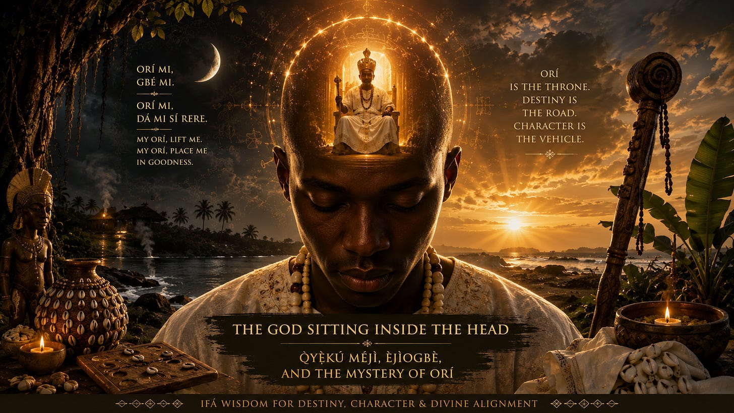 A cinematic 16:9 spiritual illustration shows a calm Black figure in white ceremonial clothing with eyes closed. A golden light glows from the head, revealing a crowned ancestral figure seated inside as a symbol of Orí, destiny, and inner divinity. The background blends a dark moonlit coast with a warm sunrise, surrounded by ritual objects, cowries, candles, and sacred African-inspired motifs. A cinematic 16:9 spiritual illustration shows a calm Black figure in white ceremonial clothing with eyes closed. A golden light glows from the head, revealing a crowned ancestral figure seated inside as a symbol of Orí, destiny, and inner divinity. The background blends a dark moonlit coast with a warm sunrise, surrounded by ritual objects, cowries, candles, and sacred African-inspired motifs.