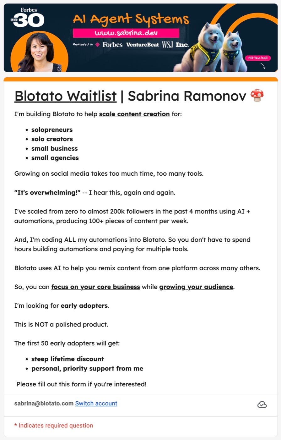Original Blotato waitlist Google Form for early adopters, positioning Blotato for solopreneurs, solo creators, small businesses, and small agencies