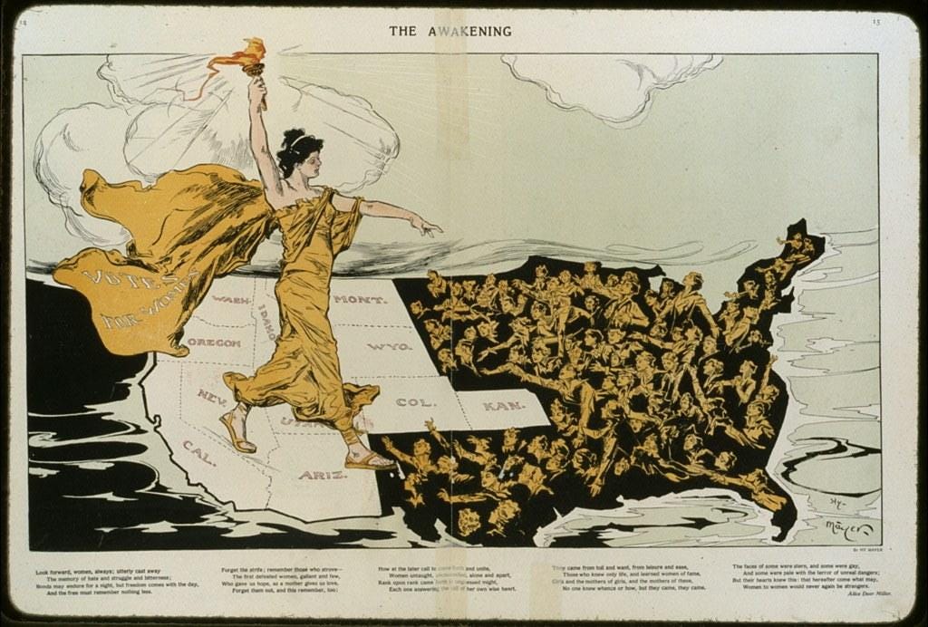 “The Awakening” depicts a woman, the personification of Liberty, carrying a torch for suffrage as she walks across the United States. Emblazoned on her billowing cloak, the phrase “Votes for Women” was one of the suffrage movement’s principal slogans. Before passage of the Nineteenth Amendment, women in most western states had won the right to vote, but many eastern states had not yet enfranchised women. Image from the Library of Congress.