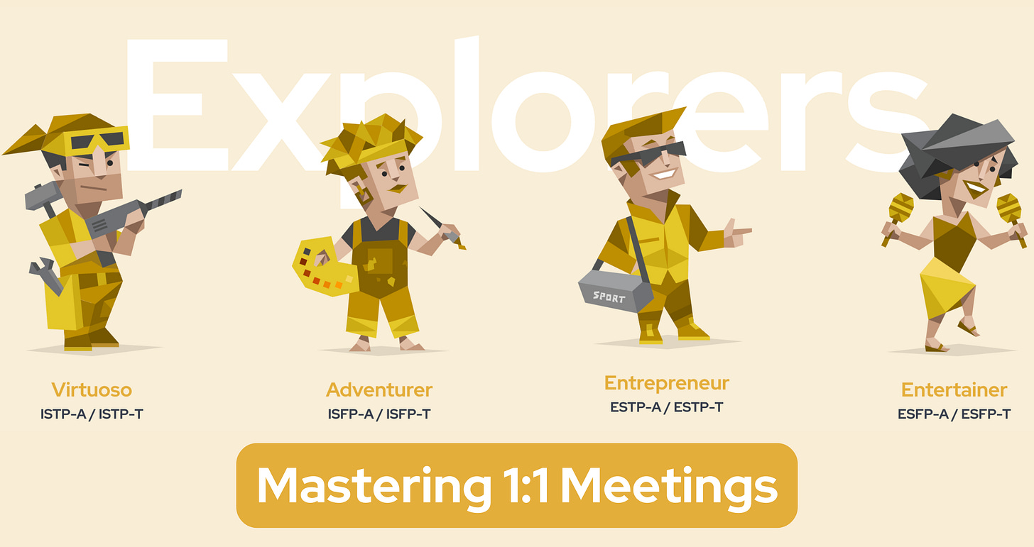The word 'Explorers' is prominently displayed, with four yellow characters overlapping it - a Virtuoso, an Adventurer, an Entrepreneur, and an Entertainer. The type codes are also displayed: ISTP-A / ISTP-T, ISFP-A / ISFP-T, ESTP-A / ESTP-T, and ESFP-A / ESFP-T. Below, the words 'Mastering 1:1 Meetings' are shown.