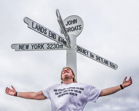 Marcus Skeet, AKA Thehullboy, at the finish line in John ‘o’Groats on 29 May, having run from Land’s End.