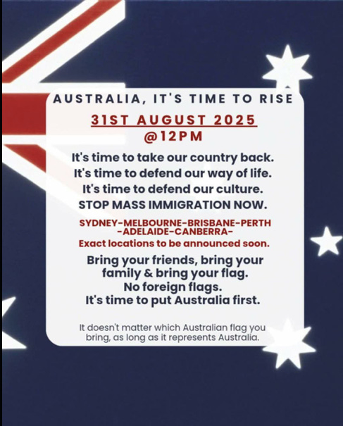 Image of plans for an August 31 rally in Australia are shared over an image of an Australian flag. 