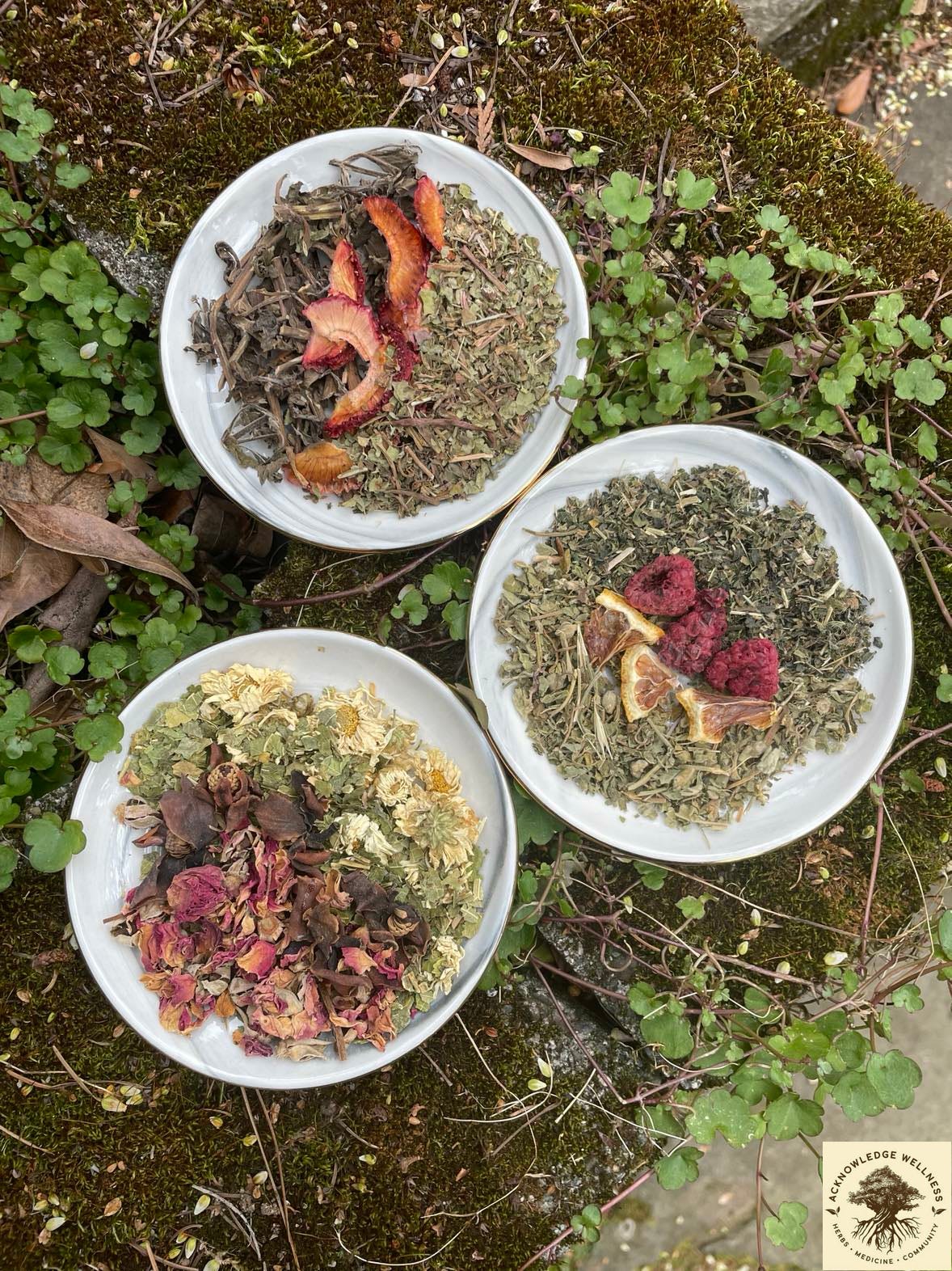Photo of our three spring seasonal tea blends: refresh, replenish and renewal all laid on small plates on the ground.