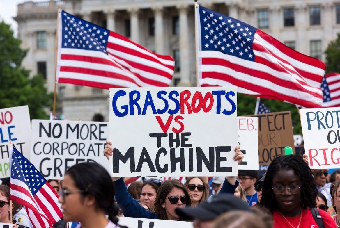 May be an image of crowd and text that says '0 GRASSROOTS E NO MORE VS EBTECI ECT EB. THE HAT CORPORAT' MACHINE GREF PRO O RIG'