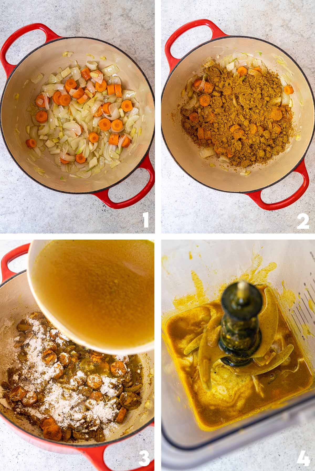 Stir frying the ingredients for the Katsu sauce, adding curry powder, vegetable stock, and blending with coconut milk, and soy sauce.