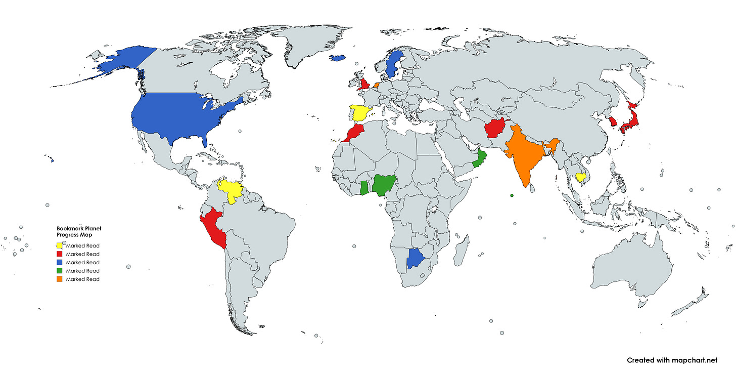 World map with completed countries colored in