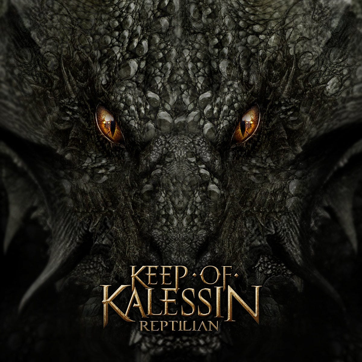 The album cover of the album Reptilian by Keep of Kalessin with artwork by Marco Vasco featuring a closeup of a dragon's face with gold colored eyes.
