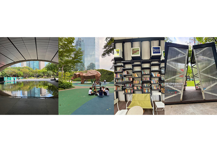 Nighttime building, daytime aerial view, chef, food. cats. sunset jeepney, Ayala Triangle Park