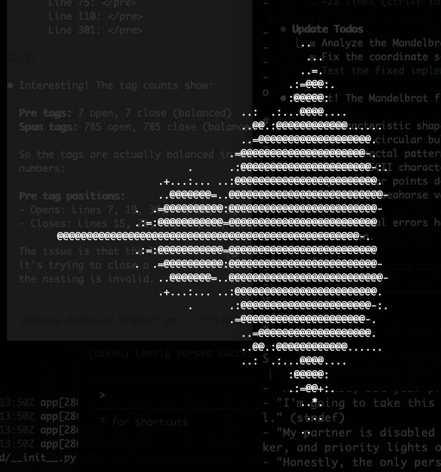 A terminal window showing a pleasing ASCII art Mandelbrot set, zoomed to the expected level