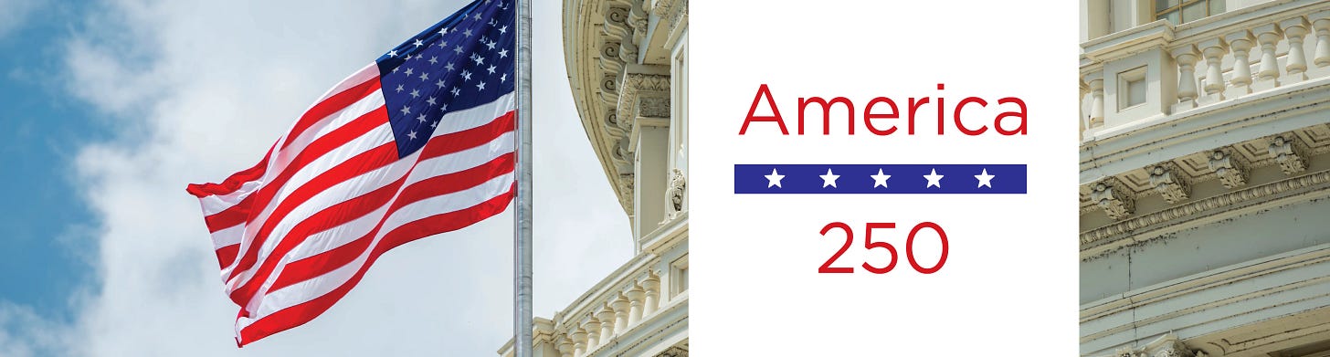 American flag with words America 250, by Capitol building