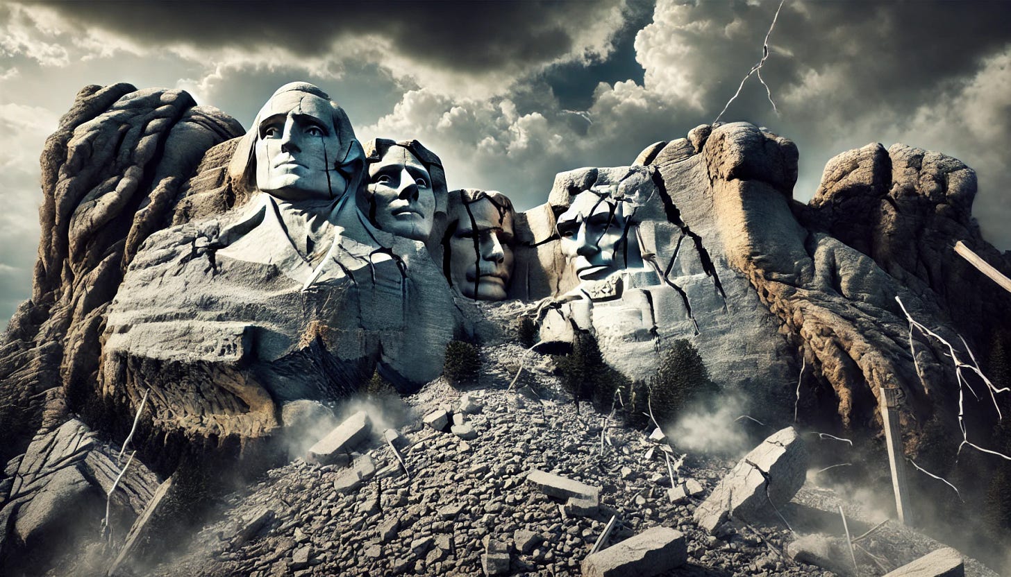 A realistic depiction of Mount Rushmore in a state of destruction. The famous presidential faces are cracked, broken, and partially collapsed. The scene is set under dramatic, dark clouds, creating a somber and intense atmosphere. The wide aspect ratio captures the full extent of the destruction and the grandeur of the monument against the ominous sky.