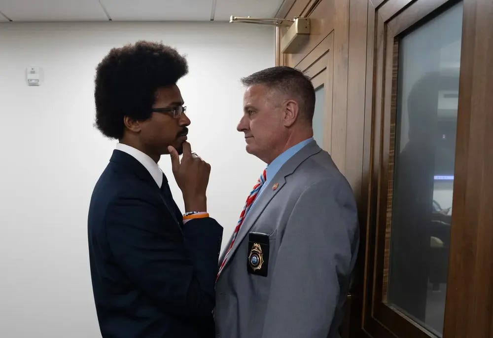 Caption via The Tennessean: 

Rep. Justin Pearson D- Memphis attempts to attend a Senate Committee meeting and is denied entry by the Sergeant at Arms on the second day of special session concerning redistricting at Cordell Hull State Office Building in Nashville on Wednesday, May 6, 2026.