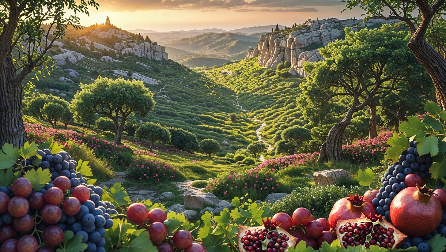 Lush Israelite valley bordered with pomegranates and grapes, representing the abundance and fruitfulness from Song of Solomon 6:11 KJV. 