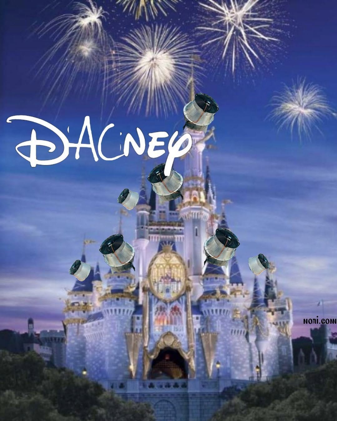 A fairytale castle under fireworks with direct air capture fans attached to its towers and the logo "DACney" in the Disney script.