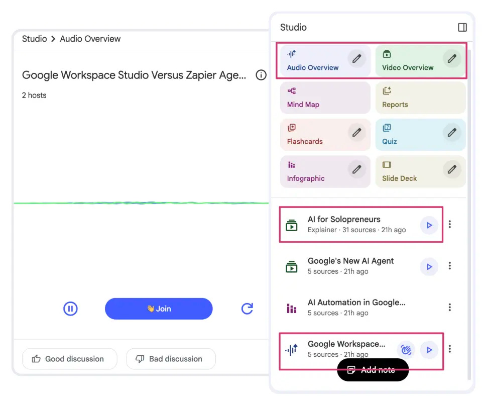 NotebookLM Audio Overview player showing waveform, Join button, and Studio panel with Audio/Video Overview options and saved 