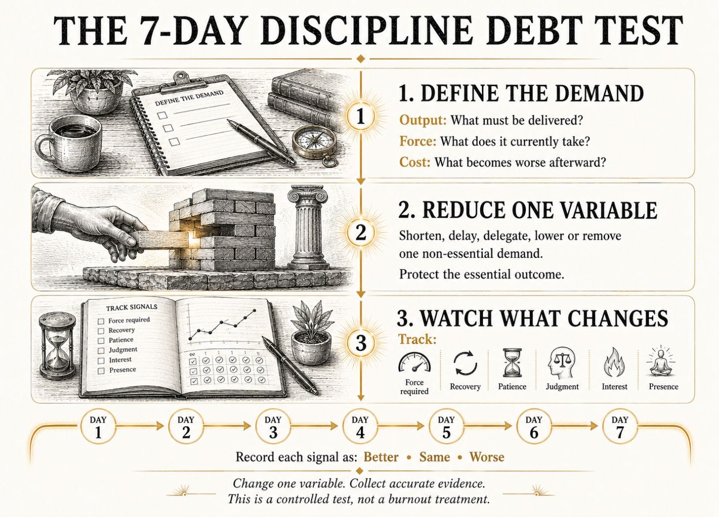 Three-step seven-day Discipline Debt test: define output, force and cost; reduce one variable; track recovery, patience, judgment, interest and presence.
