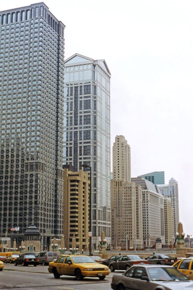 Wacker Drive, just west of Michigan Avenue, capturing a moment in Chicago, February 1996. Wacker Drive, just west of Michigan Avenue, capturing a moment in Chicago, February 1996.