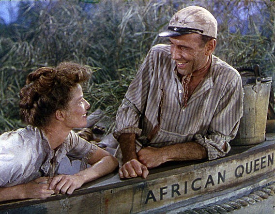 THE AFRICAN QUEEN, 1951 Humphrey Bogart, Katharine Hepburn, John Huston,  Robert Morley, Theodore Bikel, classic movie adventure film,
