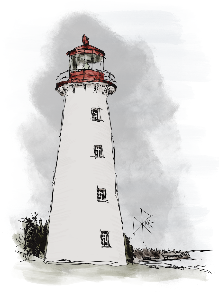 A lighthouse sits at the ready, prepared to be used as a beacon. Sketch art by Don Rice.