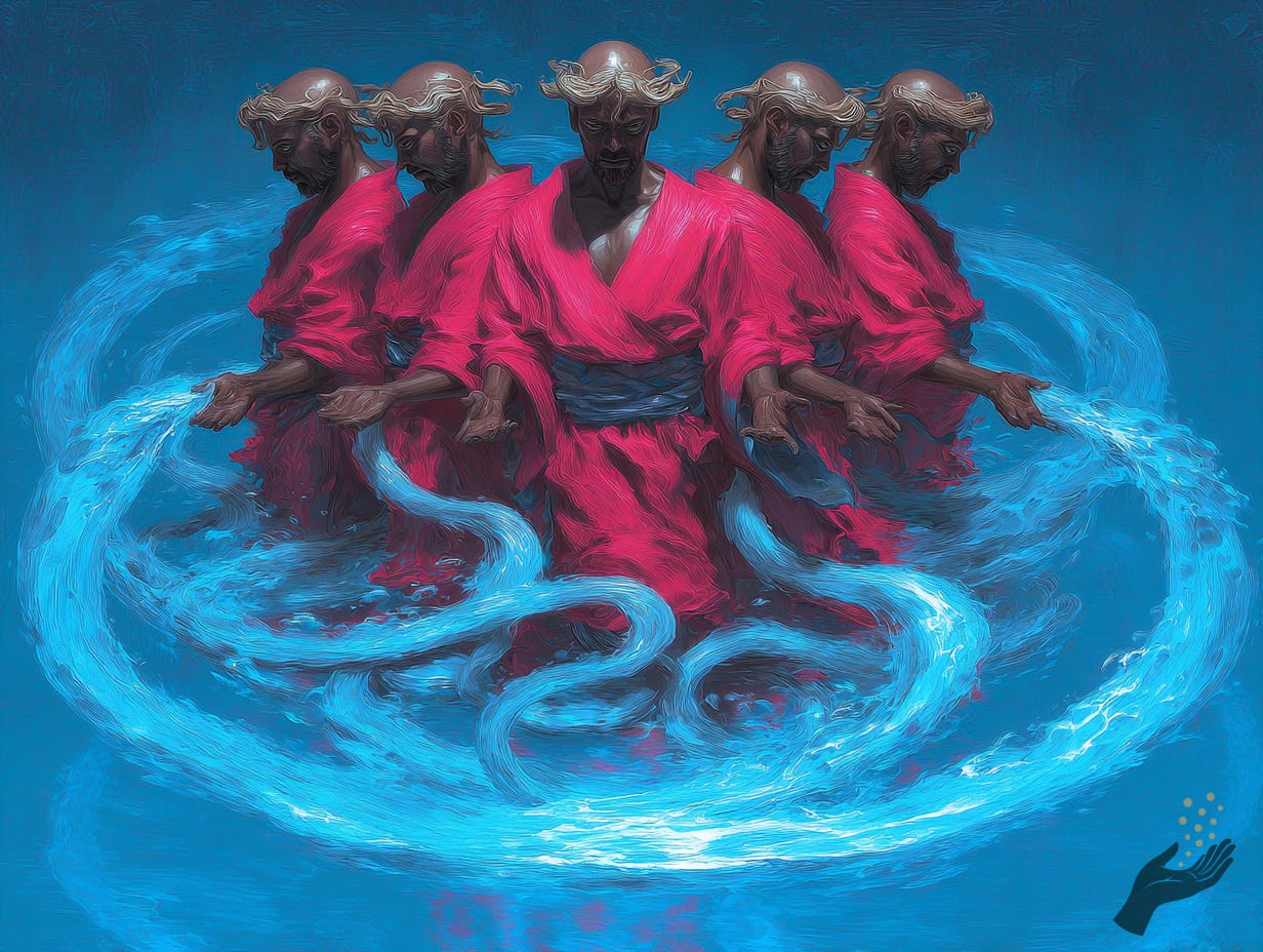 A group of repeated figures in bright pink robes stands in blue water, with lowered heads and open hands as pale blue currents loop around and through them.