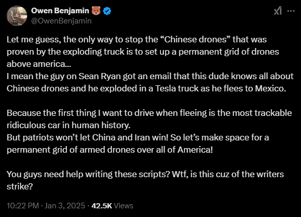 screenshot of Owen Benjamin’s reply to the Tesla Cybertruck Op on X screenshot of Owen Benjamin’s reply to the Tesla Cybertruck Op on X