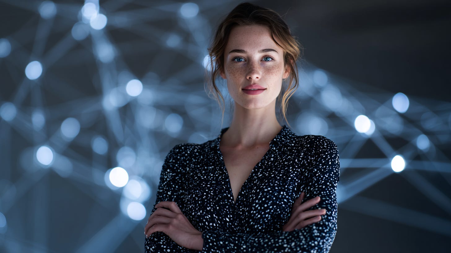 Confident woman standing with arms crossed and glowing blue connections blurred in the background