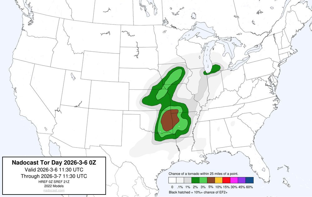 0z Day #Tornado Forecast - a map of the United States depicting areas of various colors to incidate tornado risks